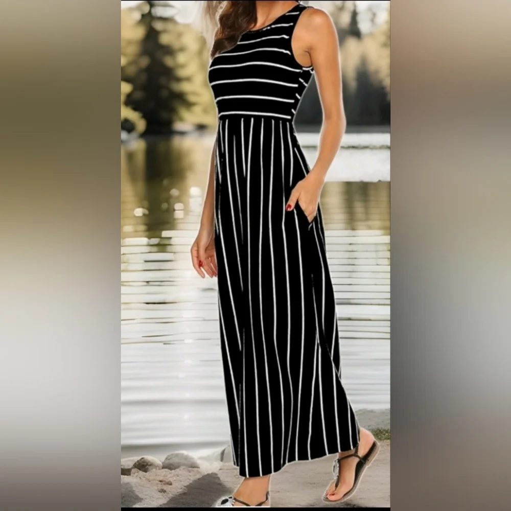 Women's Summer Sleeveless Black&White Striped Flowy Casual Maxi  with Pockets - Picture 2 of 5